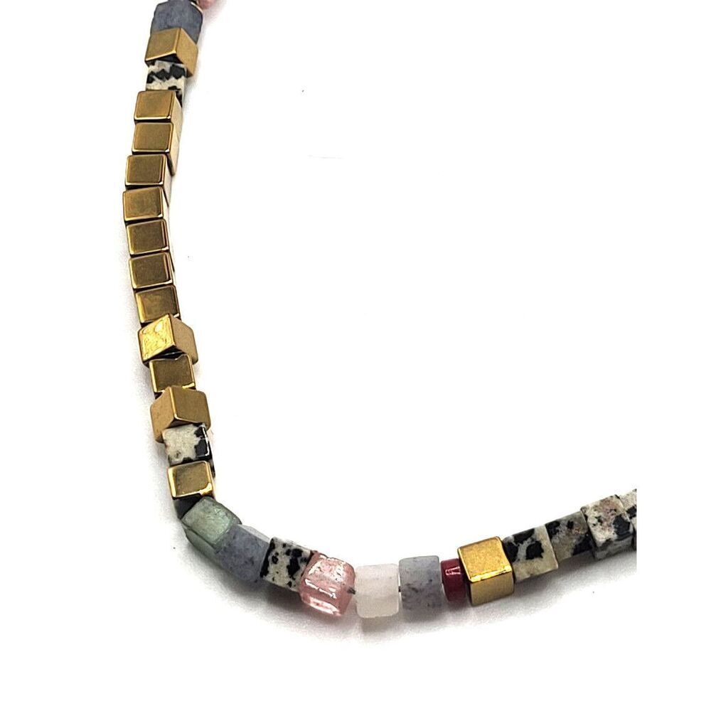 Artisan Healing Gemstone Gold Square Beads Marble Flourite 24in